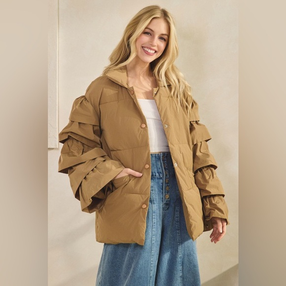 #116 Ruffle Mocha Puffer Jacket - Picture 2 of 6